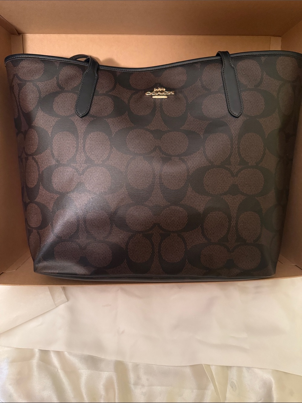 🤎Coach NWT Walnut Brown & Black Large City Tote In Signature C Monogram /Zipper - Picture 3 of 10
